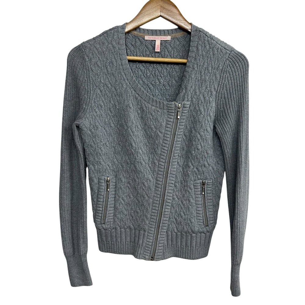 Victoria's Secret Cashmere Blend Cable Knit Zip Sweater XSmall Gray Quiet Luxury